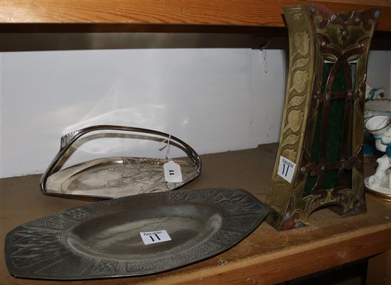 2 Art Nouveau pewter trays & copper & brass vase